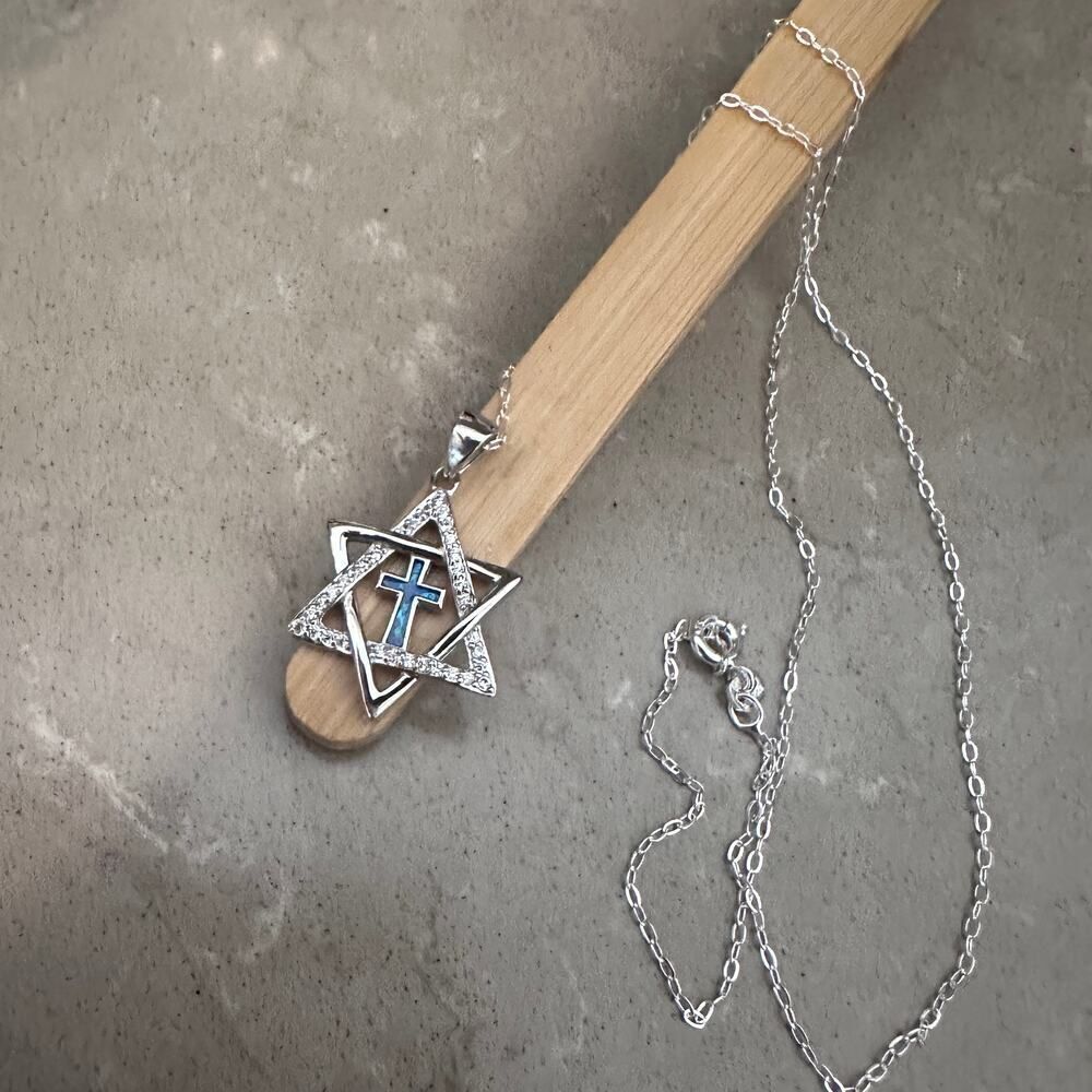 Star of David & Cross CZ Lab Opal Sterling Silver Necklace